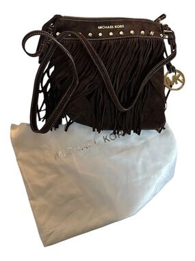 Michael Kors Suede Fringe Crossbody Bag – Brown Leather w/Stud Detail & Dust Bag